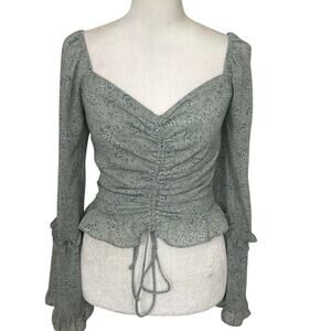 Altar’d State Sage Floral Ruched Milkmaid Top Bell Sleeve Coquette Cottage S